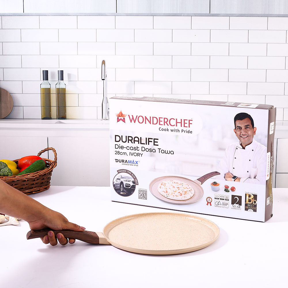 Wonderchef Duralife Die-Cast Flat Skillet Dosa Tawa, Crepe Pan (28 cm)