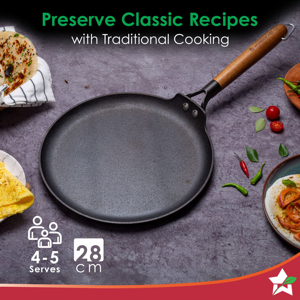 Wonderchef Ferro Light Cast Iron Flat Skillet Dosa Tawa, Crepe Pan (28 cm)