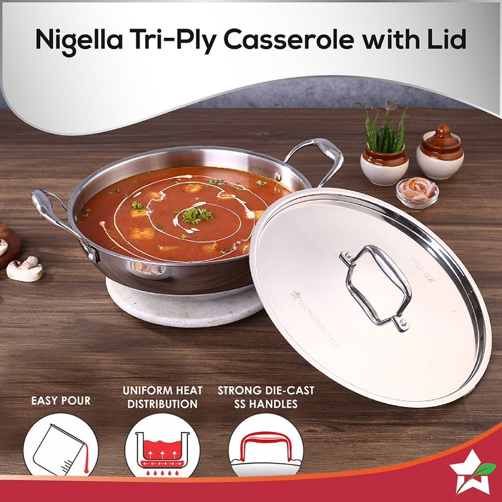 Wonderchef Nigella Tri-Ply Kadhai with Lid (20 cm, 1.5L)