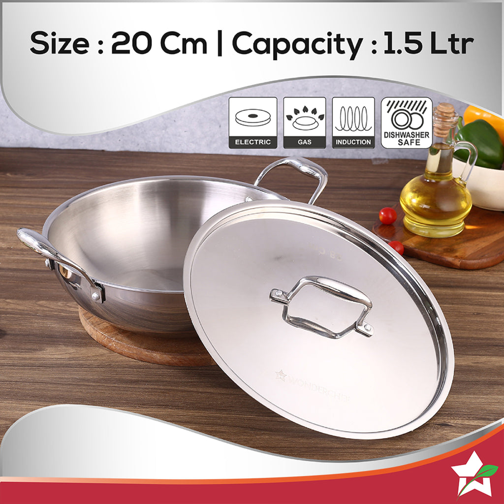 Wonderchef Nigella Tri-Ply Kadhai with Lid (20 cm, 1.5L)