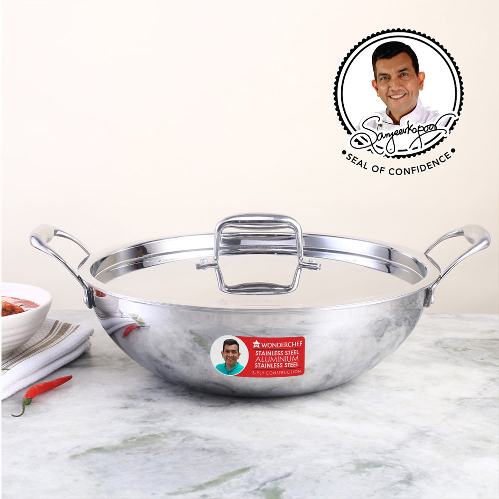 Wonderchef Nigella Tri-Ply Kadhai with Lid (20 cm, 1.5L)